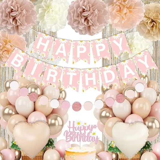 Blush Beige Birthday Decoration for Women Girls with Daisy Flower Happy Banner, Boho Dusty Pink Paper Pom Poms, White Sand Pink Gold Balloons Set And Fringe Curtain, Fall Birthday Theme Party Décor