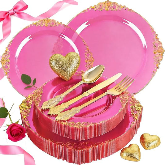 125PCS Hot Pink Plastic Plates - Clear Pink Gold Disposable Plates - Hot Pink Party Plate with Gold Plastic Silverware Set for 25 Guests for Wedding Party Birthday Valentine's Day