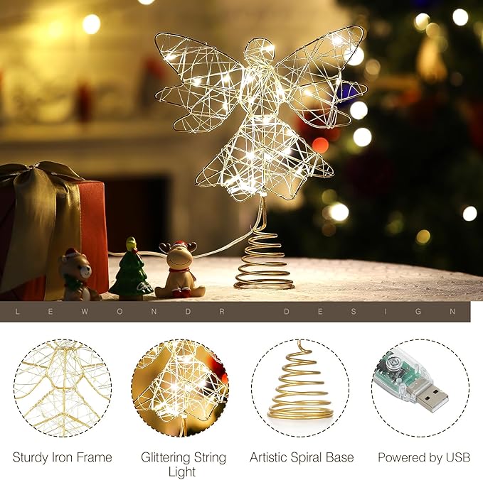 Lewondr Christmas Tree Topper Angel, USB Powered Remote Controlled 9.8 Inch Glittering Angel Christmas Tree Topper, 6H Timer Christmas Tree Angel Topper with Lights for Xmas Home Holiday Party, Gold