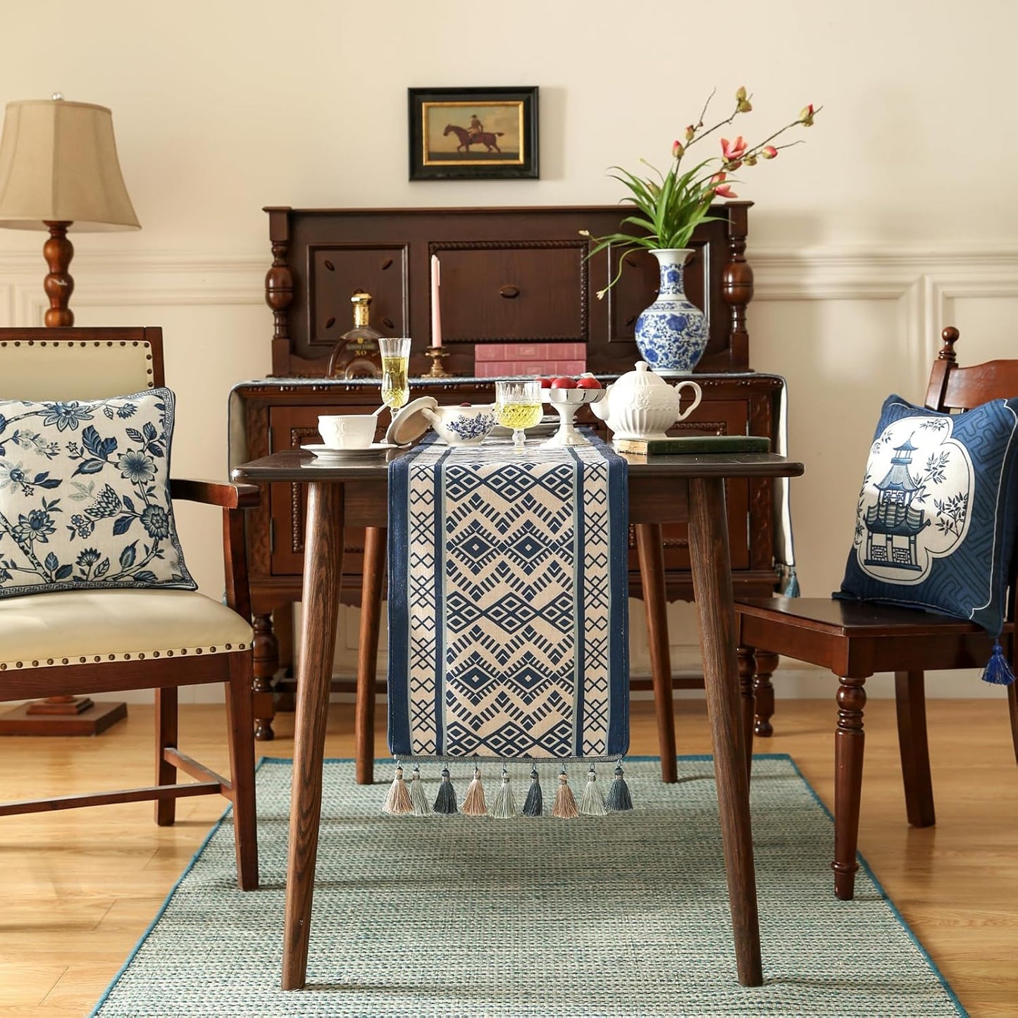 Chinoiserie Small Blue Stripe Cloth Runner for Table,Decorative Linen 63 Inches Long Table Runners,Decor Tabletop for Kitchen,Dining,Party,Home,Christmas,12"*63"