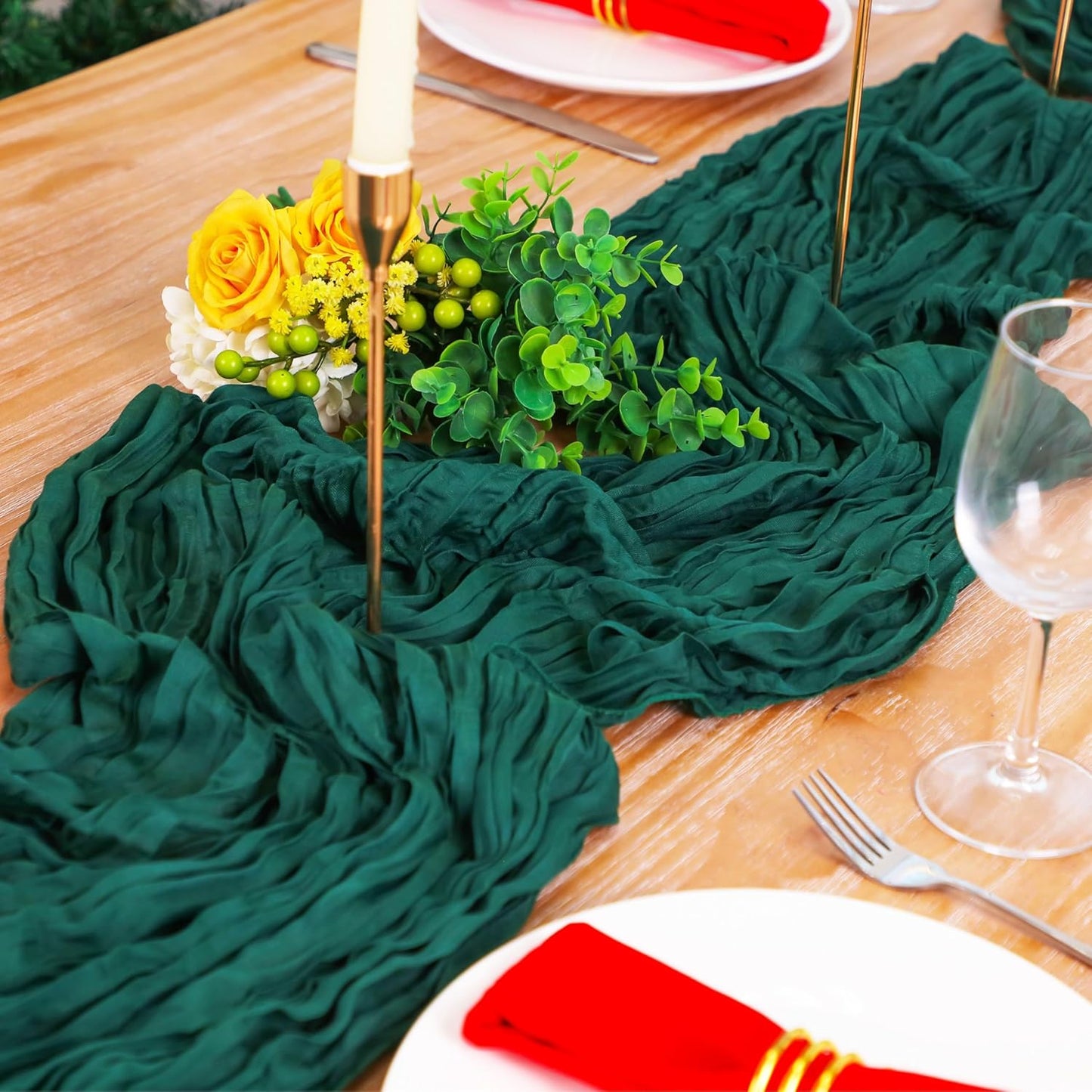 Snowkingdom 6 PCS Emerald Green Table Runner 120 Inch 10 Ft Rustic Boho Dark Green Cheese Cloth Runner for Wedding Bridal Baby Shower Birthday Party Christmas Sheer Gauze Home Table Centerpiece Deocr