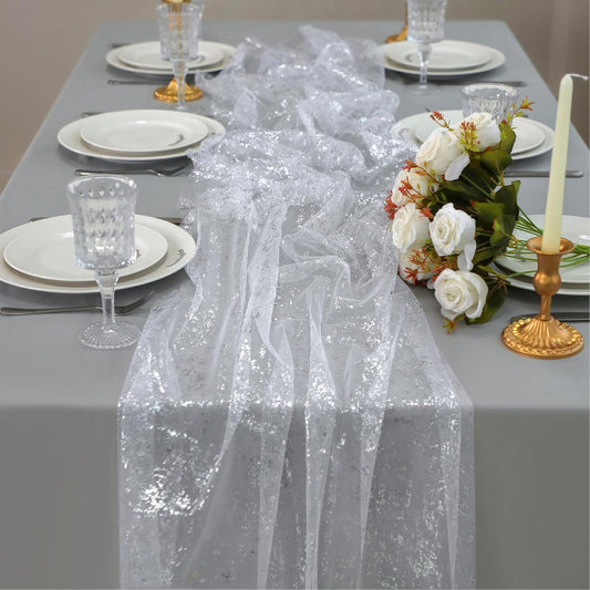 Snowkingdom 3 Pcs 10 FT Silver Cheesecloth Table Runner, 120 Inch Sheer Chiffon Gauze Runner, Sequin Glitter Silver Table Decoration Centerpieces for Wedding Birthday Christmas Bridal Baby Shower