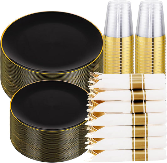 KIRE 350 PCS Plastic Dinnerware Set for 50 Guests - Black and Gold Plates 50 for Dinner 50 for Dessert & 50 Pre Rolled Napkins with Disposable Silverware 50 Cups for Halloween Party/Banquet/Wedding