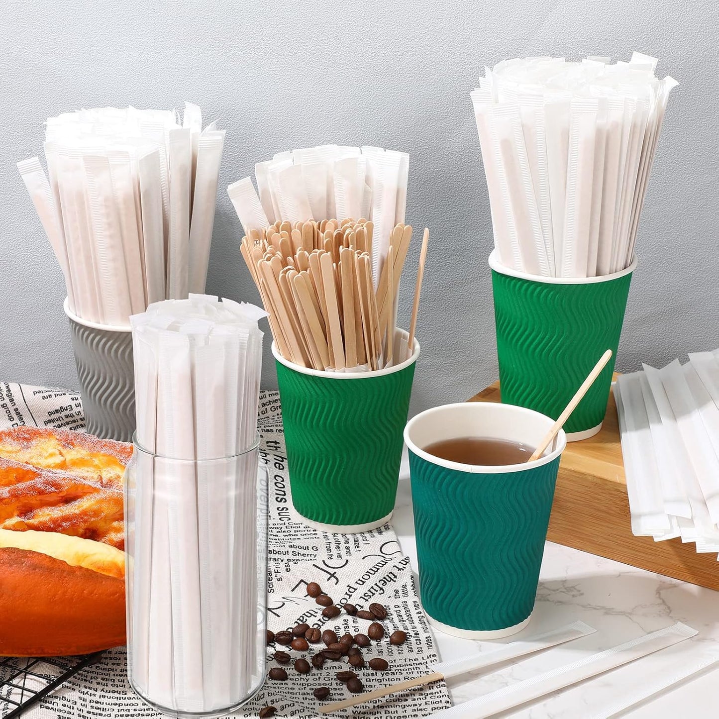2000 Pcs Individually Wrapped Wooden Coffee Stirrers, Disposable Coffee Stir Sticks Round End Sticks Bulk Wood Stirrers for Cocktail Hot Drinks Restaurant Bar Home Office (7.5 Inch)