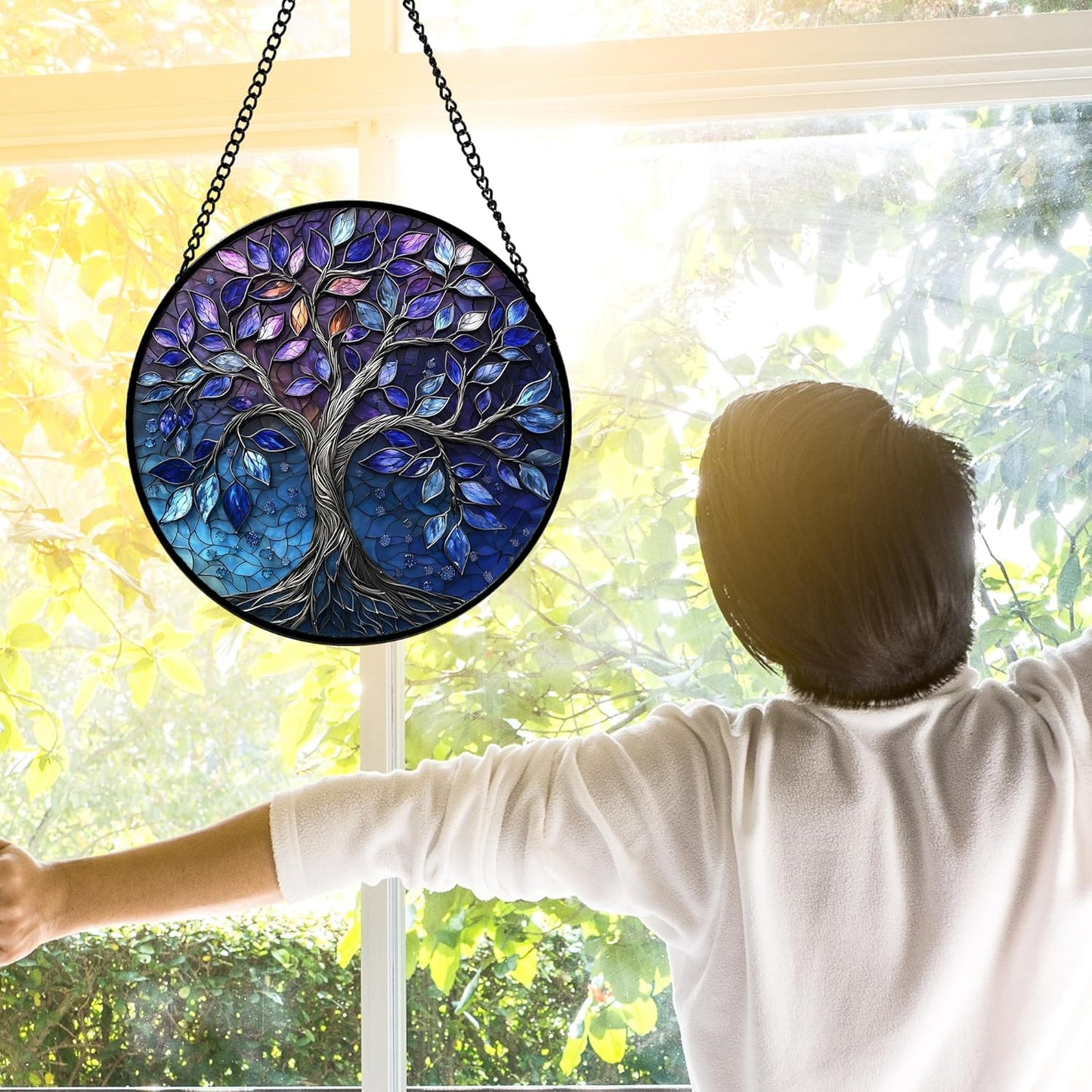 Stained Glass Window Hanging, Blue Purple Tree of Life Sun Catchers Colorful Glass Panel Plants Suncatcher Decor for Birthday for Women,Men,Wife, Lovers, and Mom 9.8 in