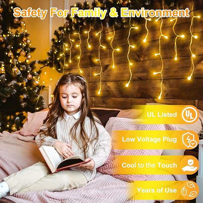 66 FT LED Christmas Lights with 140 Drops, 490 LED Indoor Outdoor Christmas Decorations, 8 Lighting Mode Waterproof Fairy Lights with Timer for Xmas Holiday Wedding Yard Party Warm White