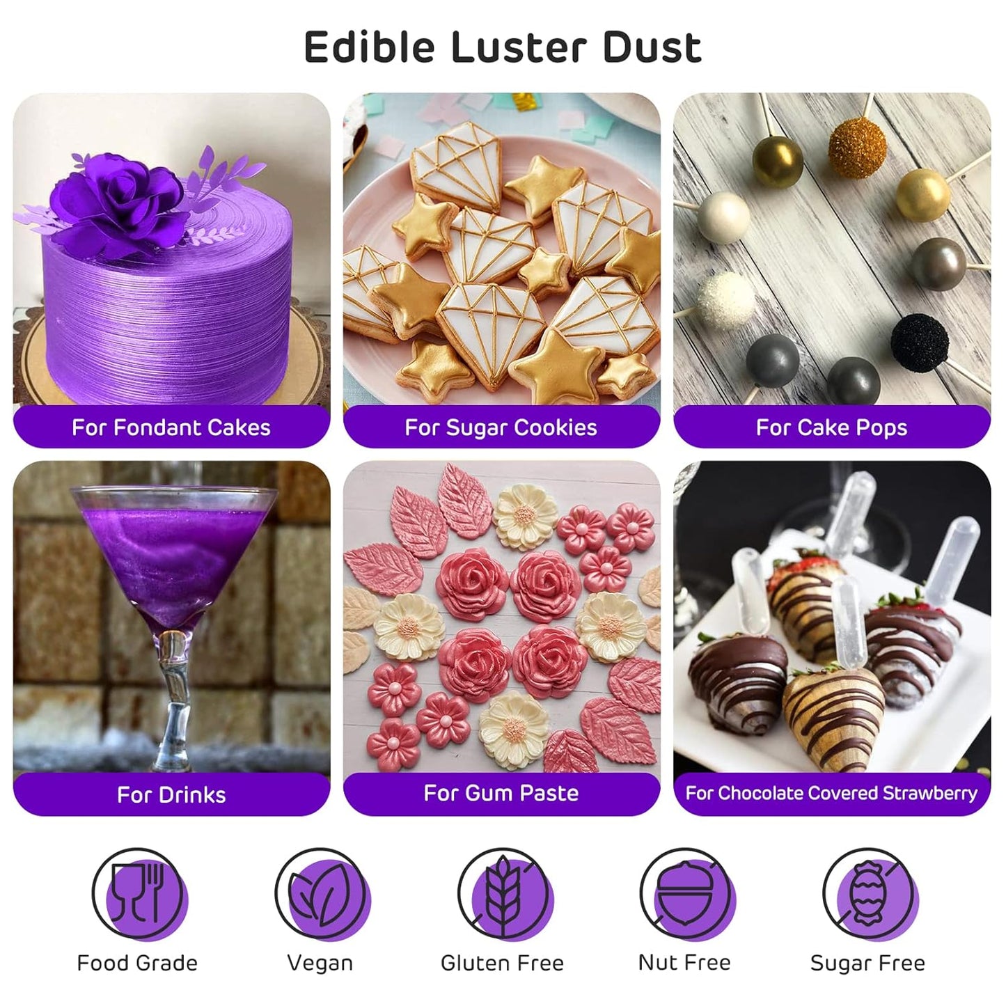 Nomeca Edible Luster Dust, 8 Grams Food Grade Shimmer Gold Cake Dust Metallic Food Coloring Powder for Cake Decorating, Baking, Fondant, Gumpaste, Chocolate, Candy, Drinks, Cookies - Purple