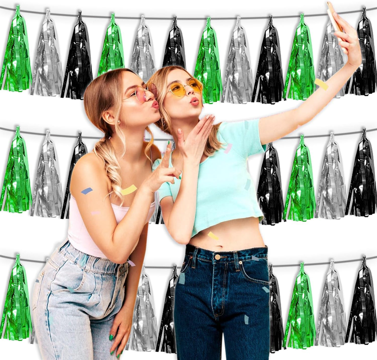 3P Black Silver Green Metallic Fringe Tassel Banner Garland Foil Tinsel Streamer Wall Hanging Curtain Backdrop Banner for Parade Floats, Graduation Decorations, Halloween, Christmas Decorations