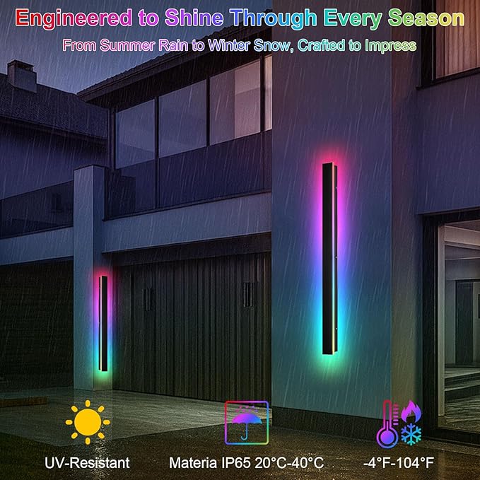 47 in Modern Outdoor Wall Light, Waterproof Long Wall Sconce Musical Rhythm, LED RGB/White/Dimmable, Exterior Wall Light with Remote App for Party Gathering Outside Decor