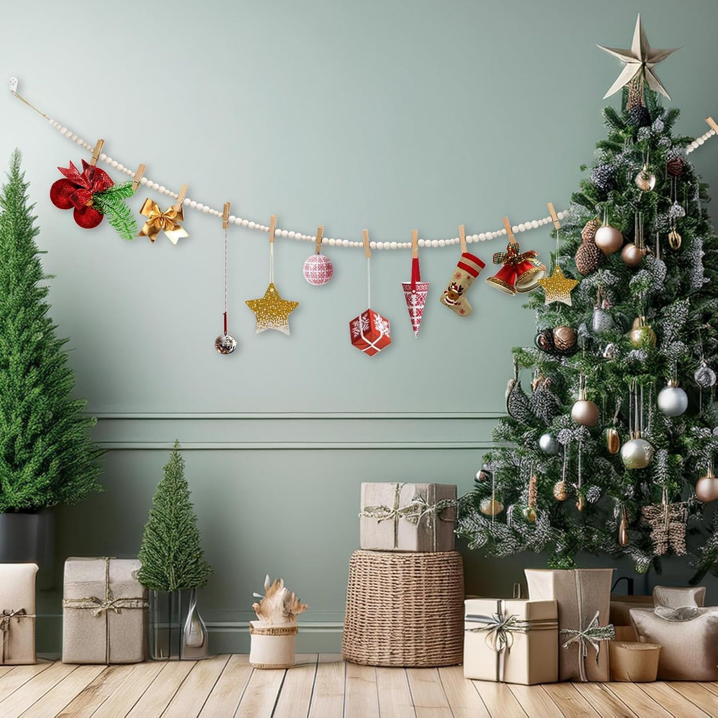 Hanging Photo Display Wall Decor with 30 Wood Clips, 67 Inches Boho Wooden Bead Garland Collage Picture Frame Photos String DIY, Photo Hanger for Bedroom Office Dorm Room Decor Gifts(2PCS)