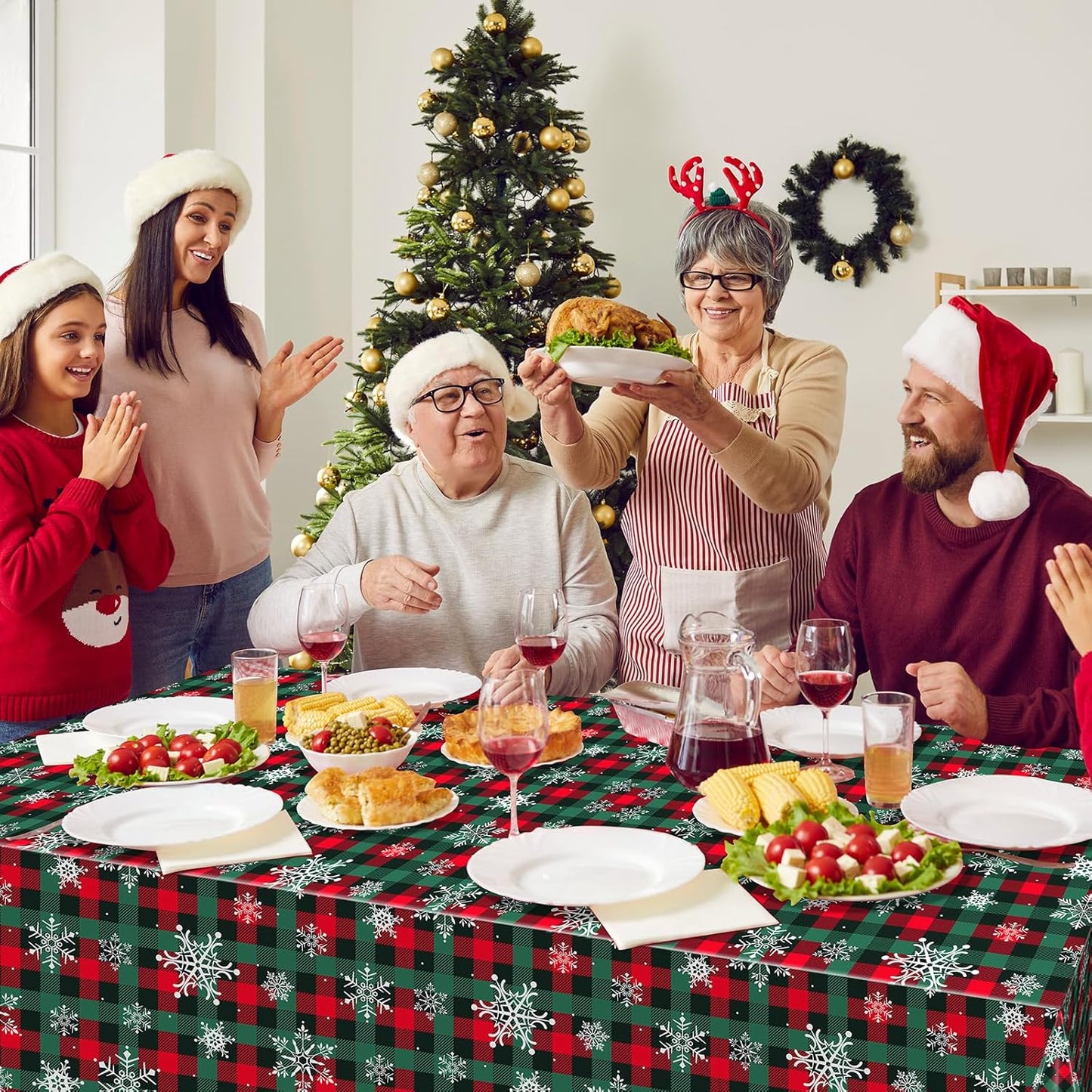 3Pcs Christmas Buffalo Plaid Snowflake Party Tablecloths Decorations,Plastic Red and Green Checkered Rectangle Table Cover for Winter Christmas New Year Birthday Holiday Party Decorations,54x108 inch