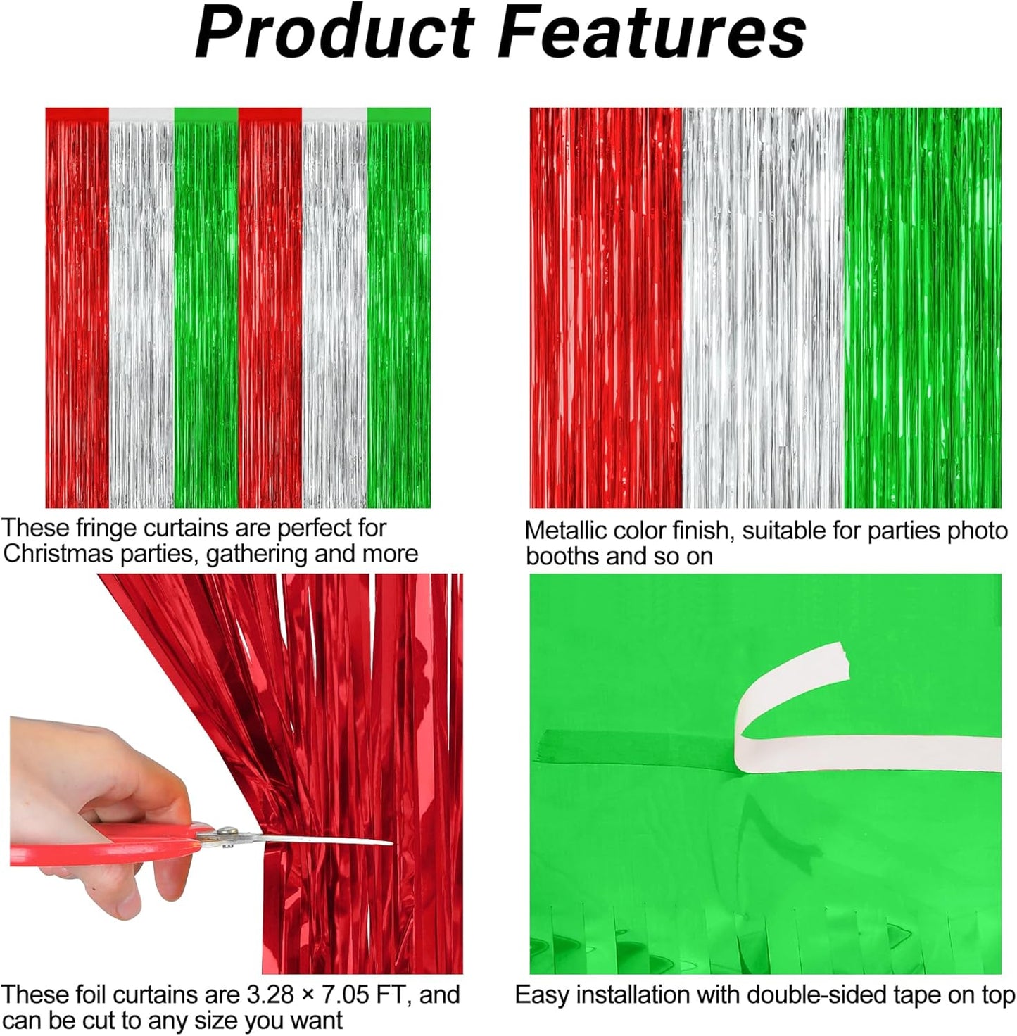 8 Pack Christmas Photo Backdrop, 3.28 FT x 7.05 FT Red Silver Green Party Streamer, Metallic Foil Fringe Curtains Tinsel Backdrop, Christmas Photo Booth Props Door Decor Party Supplies