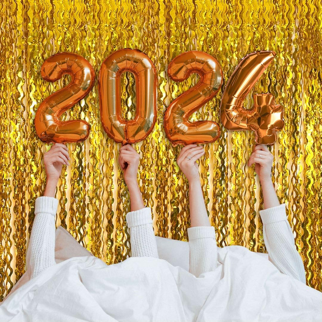 Gold Foil Fringe Backdrop Curtain Wave Golden Streamers Tinsel Photo Backdrop Gold Party Decorations for Anniversary, Birthday, Halloween, Masquerade, Graduation, New Years Eve, Bachelor Party