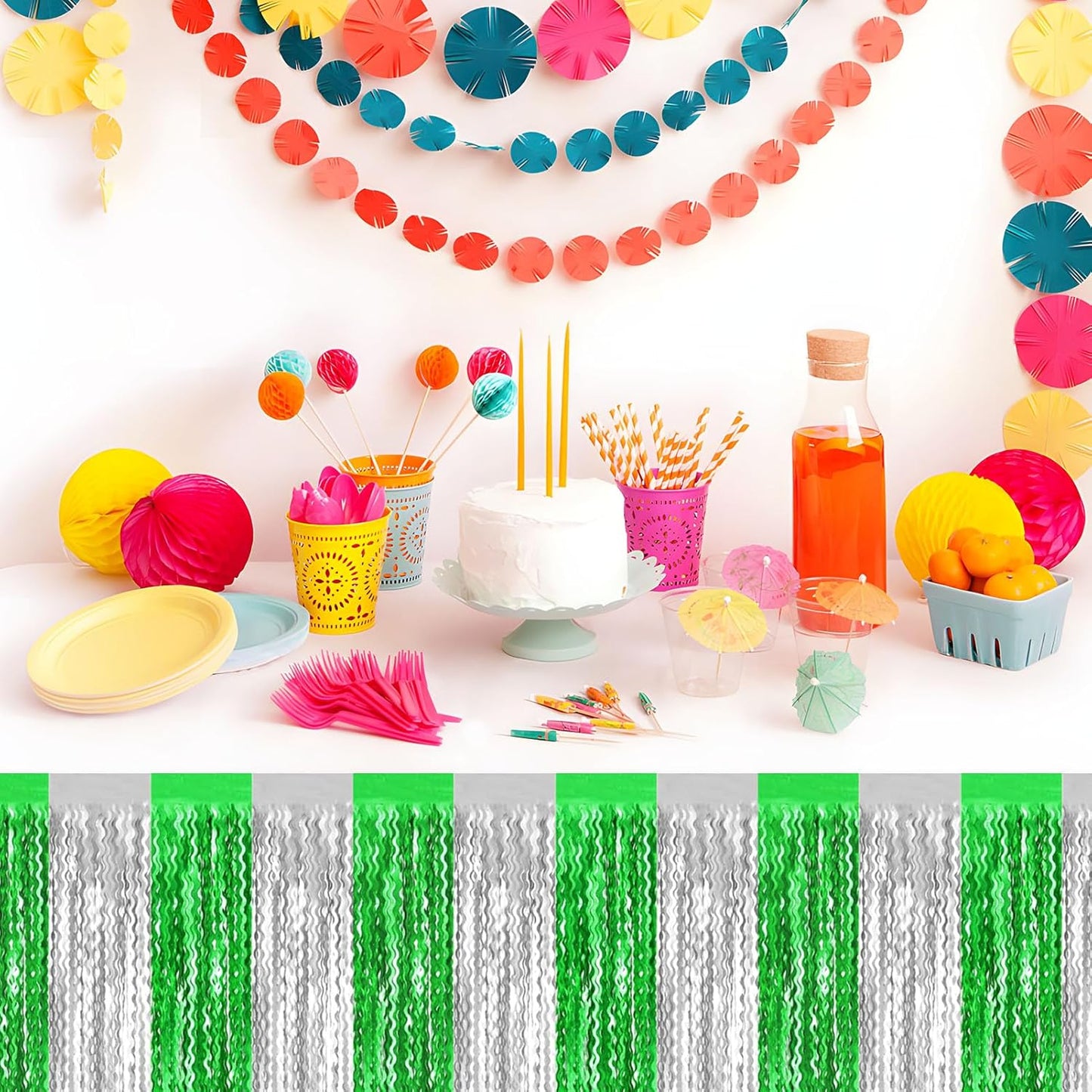 6 Pack 29 x108 Inch Silver Greenange Wave Foil Fringe Table Skirts Metallic Banner for Tinsel Streamer Garland Backdrop for Parade Floats, Mother's Day, Easter, Wedding, Birthday Party Decoration