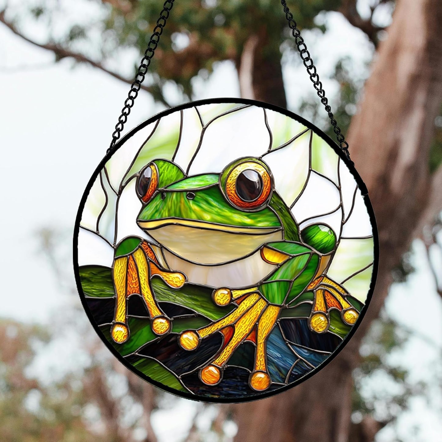 Stained Glass Window Hanging, Green Frog White Petals Sun Catchers Colorful Glass Panel Cute Suncatcher Decor for Birthday for Women, Men, Wife, Aunt, and Mom 14.9x14.9 in