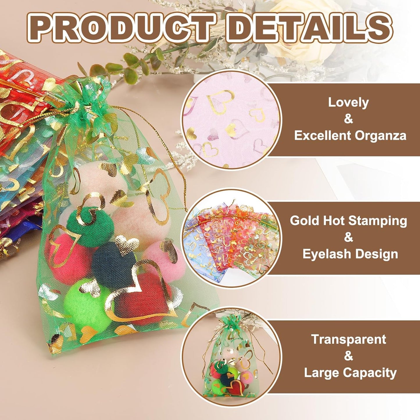 PATIKIL 100 Pcs 5x7 Inch Heart Printed Organza Bags, Gold Silver Sheer Heart Organza Bags with Drawstring for Christmas Candy Jewelry Party Wedding Favor Gift