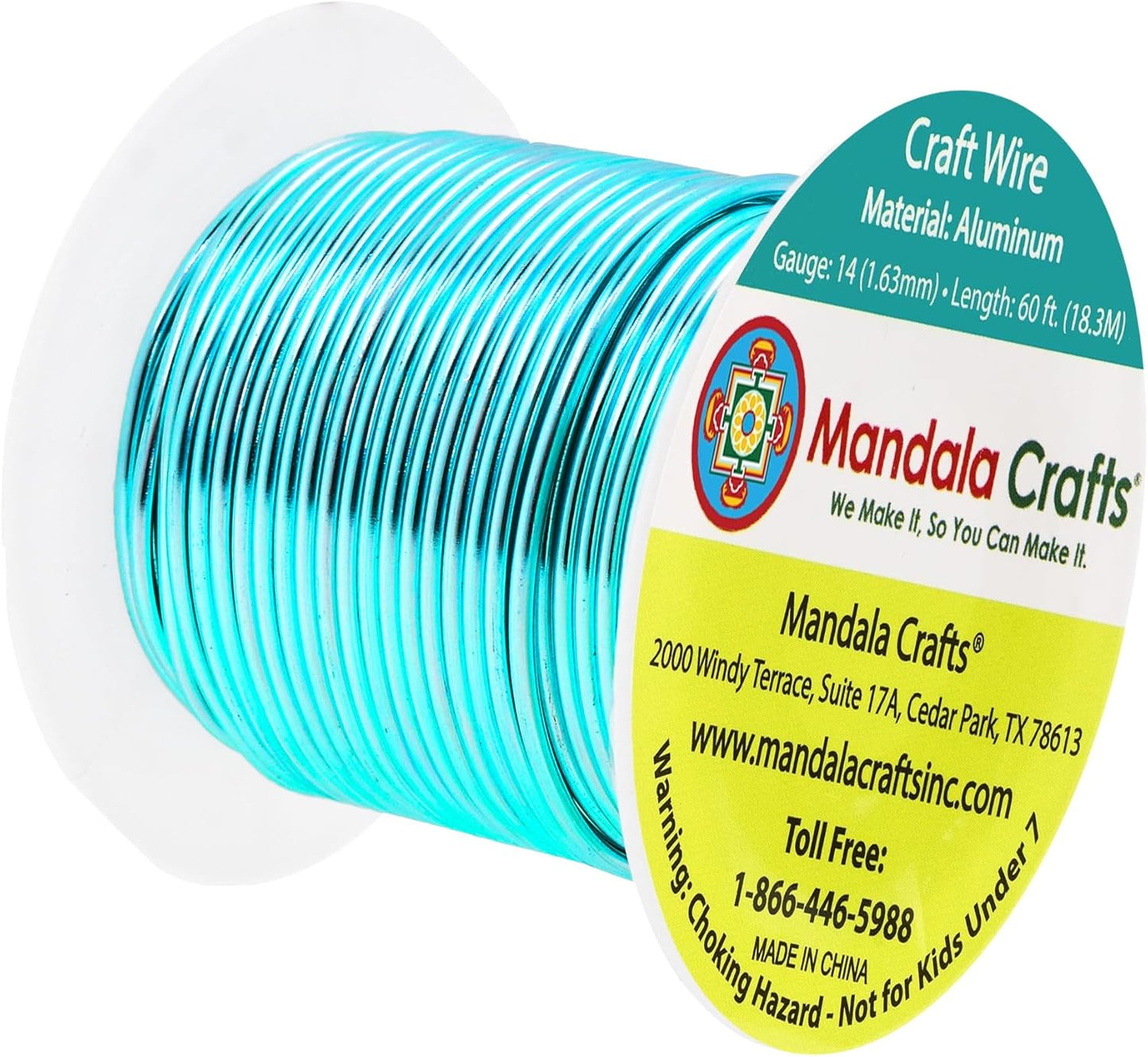 Mandala Crafts 14 Gauge Anodized Aluminum Craft Wire for Jewelry Making - 60 FT Colored Flexible Turquoise Wire - Bendable for Bonsai Armature Crafting Sculpting