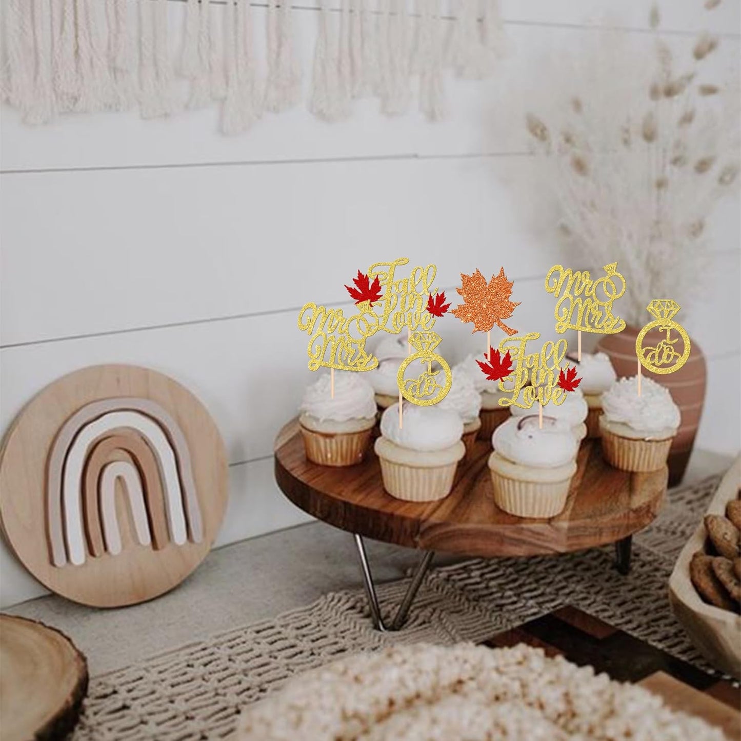 24 PCS Fall in Love Cupcake Toppers Glitter Maple Leaf Cupcake Picks Mr & Mrs Diamond I Do Cupcake Decorations for Autumn Wedding Engagement Bridal Shower Theme Party Cake Decorations Supplies