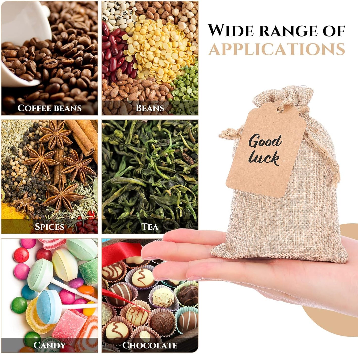 Woanger 100 Pcs Burlap Gift Bags with 100 Pcs Kraft Paper Gift Tags Drawstring Favor Bulk Burlap Sack Bags for DIY Wedding Party Craft(3 x 4 Inch,Light Brown)