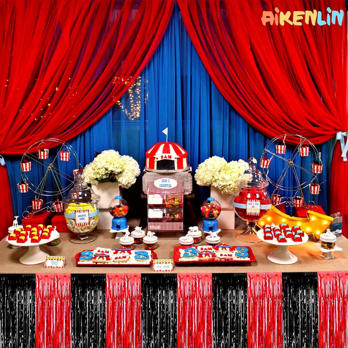 6 Pack 29x108 Inch Black Red Metallic Foil Fringe Tinsel Table Skirts for Rectangle Tables Streamer Curtains Backdrop for Wedding, Casino Viva Las Vegas Game Night Birthday Party Decoration