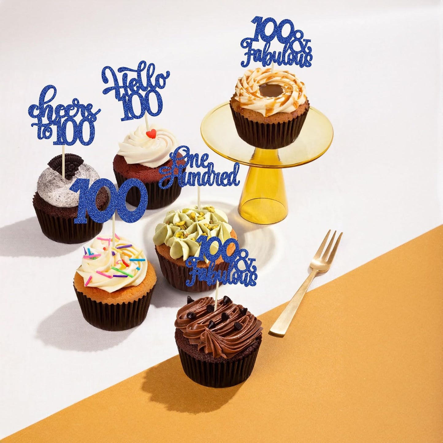30pcs Happy 100th Birthday Cupcake Toppers - Deep Blue Glitter One Hundred Cheers to 100 Years Old Cupcake Picks for Anniversary Party Cake Decorations