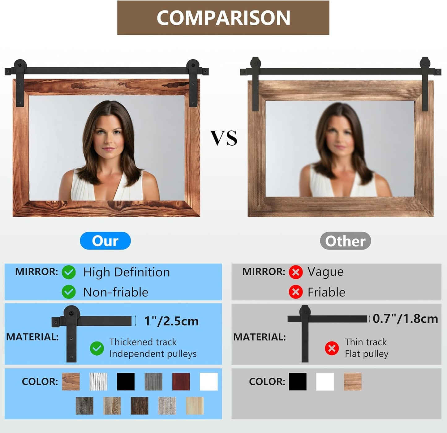 COGOOD Farmhouse Bathroom Mirror - 49 x 30 Rustic Wood Framed Wall Barn Door Mirror for Entryway, Living Room, Entryway Wall Decor (Brown)