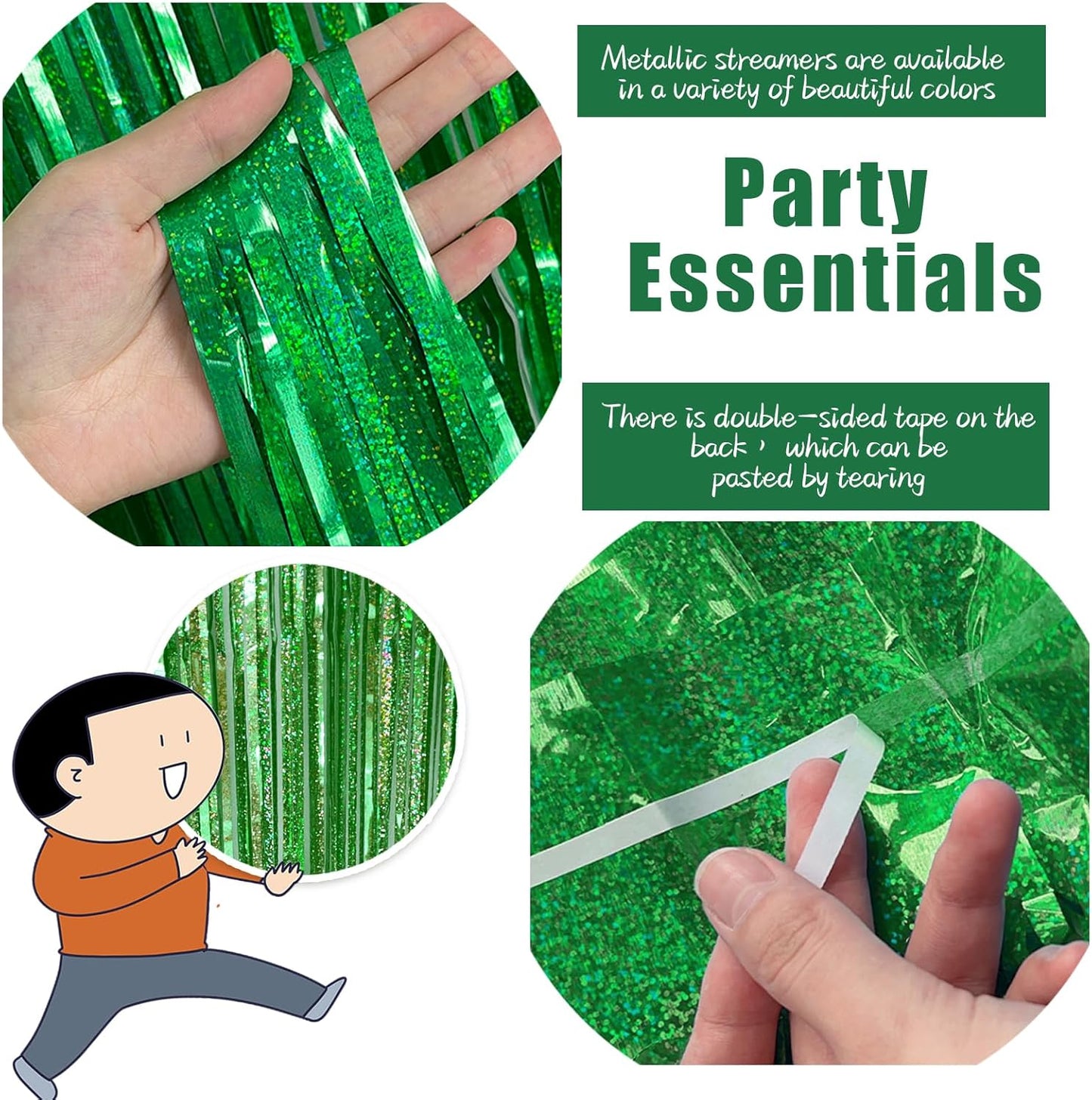 3 Pack Green Streamers Backdrop Jungle Party Decorations Foil Fringe Backdrop Curtains Photo Booth Backdrop for Birthday Dinosaur Animal St Patricks Day Football Christmas Party Decorations