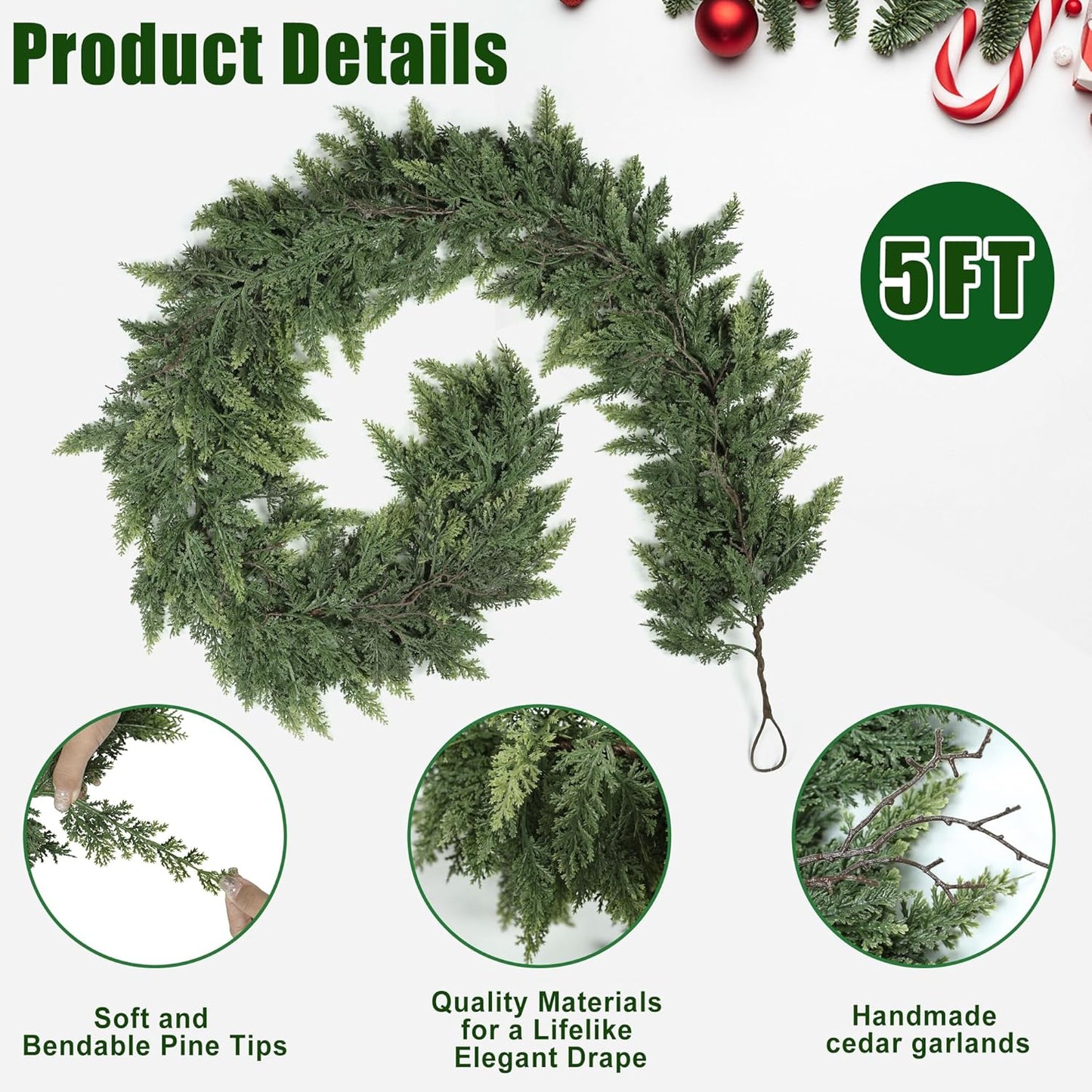 Realistic Christmas Garland for Mantle Real Touch Thick/Lush Artificial Cedar Garlands Christmas Decorations Indoor Christmas Garland for Stairs Railing Outdoor Table Xmas Holiday Decor Greenery 5FT
