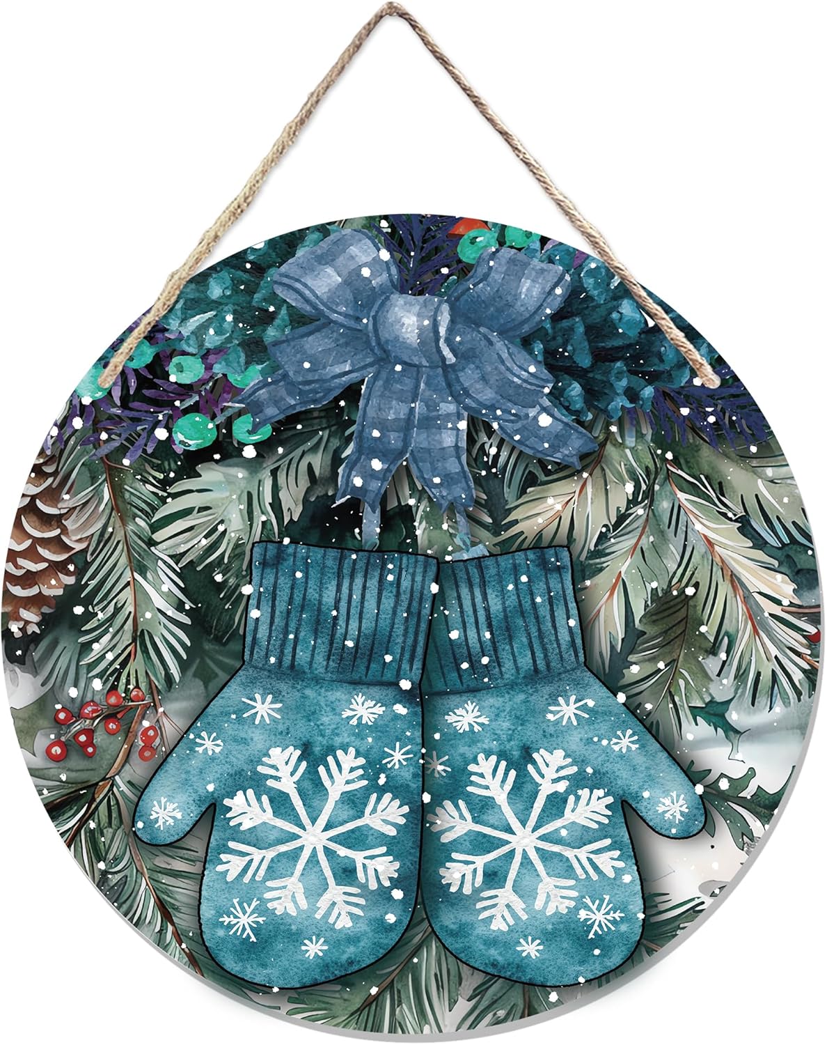 Navy Blue Winter Christmas Wooden Sign, Winter Snowflake Gloves Blue Plaid Bow Decoration Hanging Sign Wall Decor, Farmhouse Seasonal Holidays Wooden Signs for Home Door Decor 12 x 12 Inch