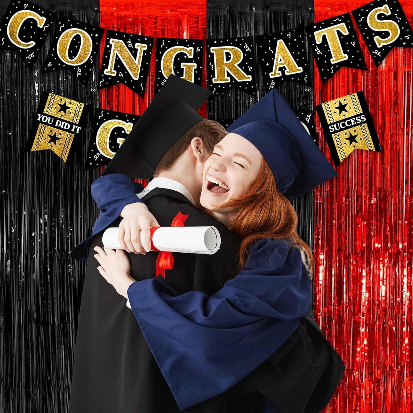 3 Pack Black and Red Foil Fringe Curtains Backdrop, 3.28 x 9.8 Ft Metallic Streamers Tinsel Curtains Background for Photo Booth, Birthday, Halloween, Christmas, New Year Party Decorations