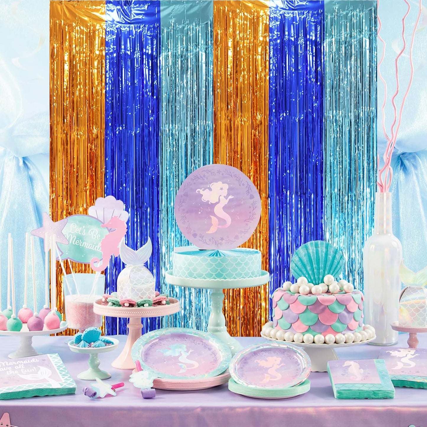 3 Pack 3.3 x 8.2 ft Blue Orange Foil Fringe Backdrop Curtains, Tinsel Streamers Party Decorations, Fringe Backdrop, Door Shimmer for Birthday Party