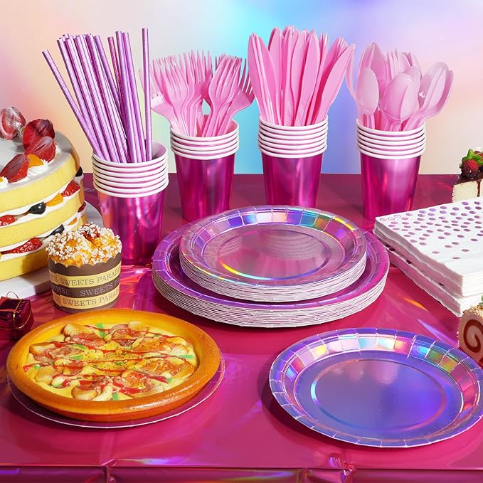 Iridescent Pink Party Supplies Decorations Serve 100, Hot Pink Holographic Paper Plates and Napkins, Disposable Pink Paper Plates Cups Knives Spoons Fork for Mermaid Disco Birthday Graduation Party