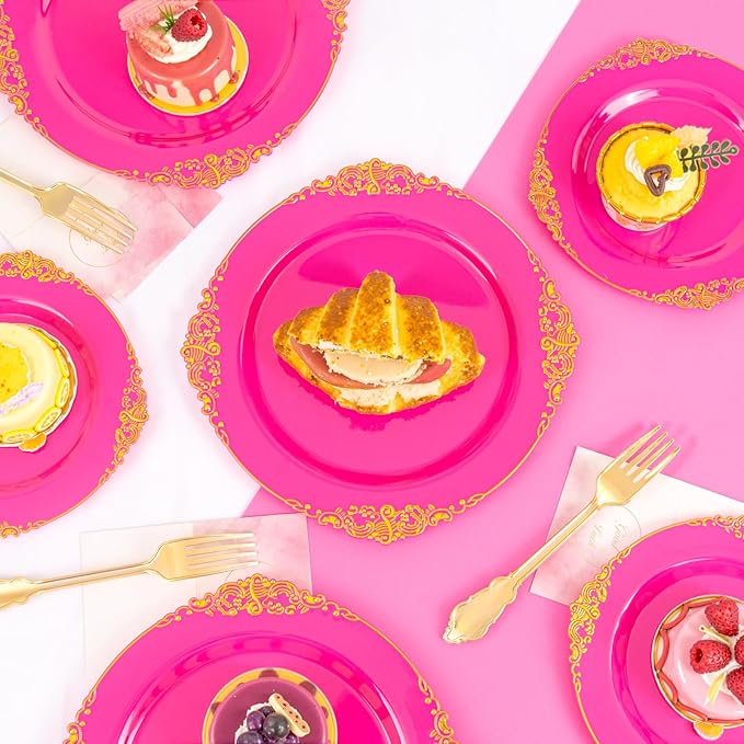 125PCS Hot Pink Plastic Plates - Pink Disposable Plate - Elegant Party Plates with Gold Plastic Silverware Sets for 25 Guests for Valentine's Day Party & Birthday & Baby Shower