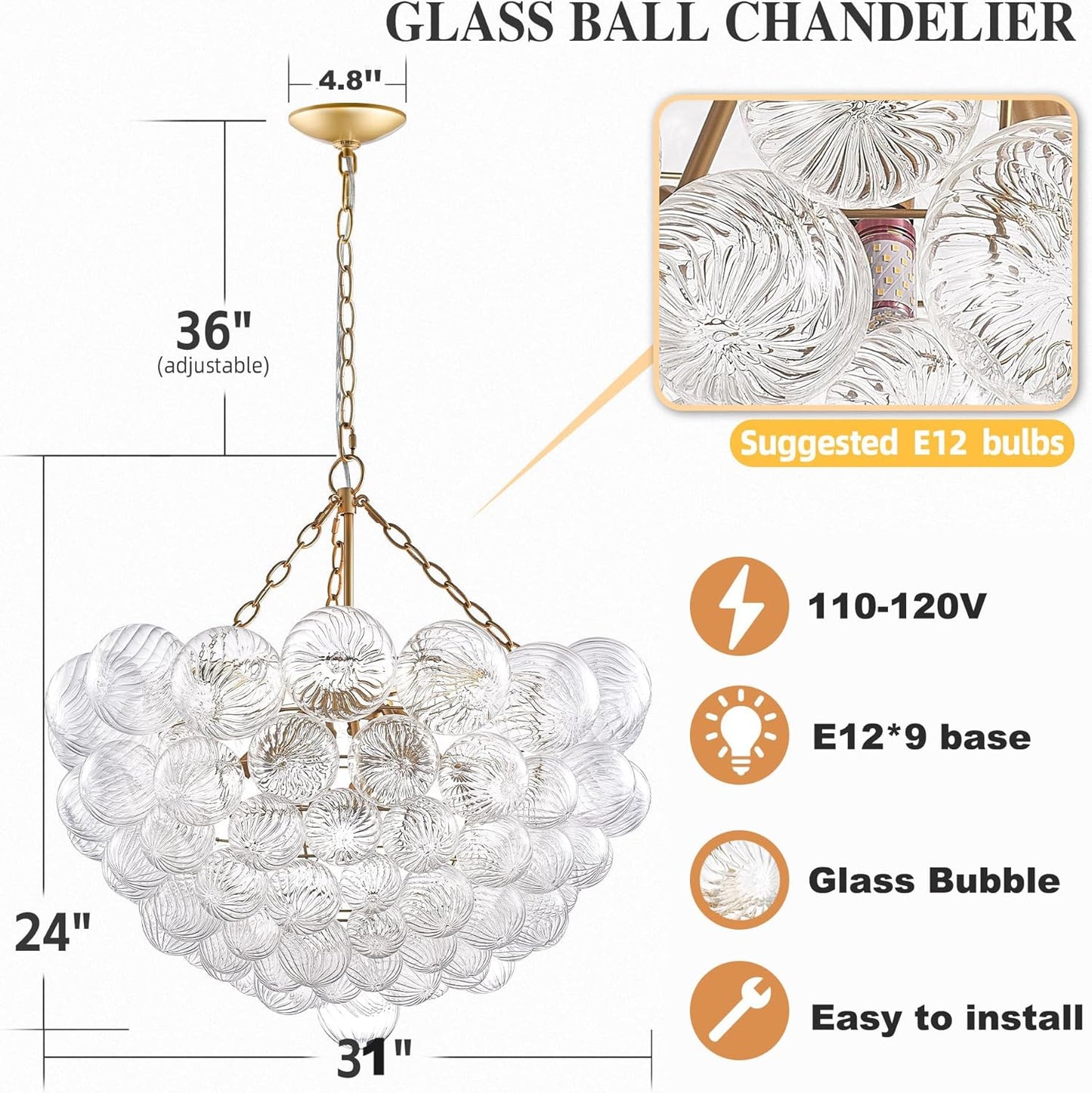 Nordic Bubble Ball Swirled Glass Chandelier, Diam 31" Gild Gold and Clear Modern Hand Blown Glass Pendant Light Fixture for Dining Room, Bedroom, Study, Restaurant, Hallway