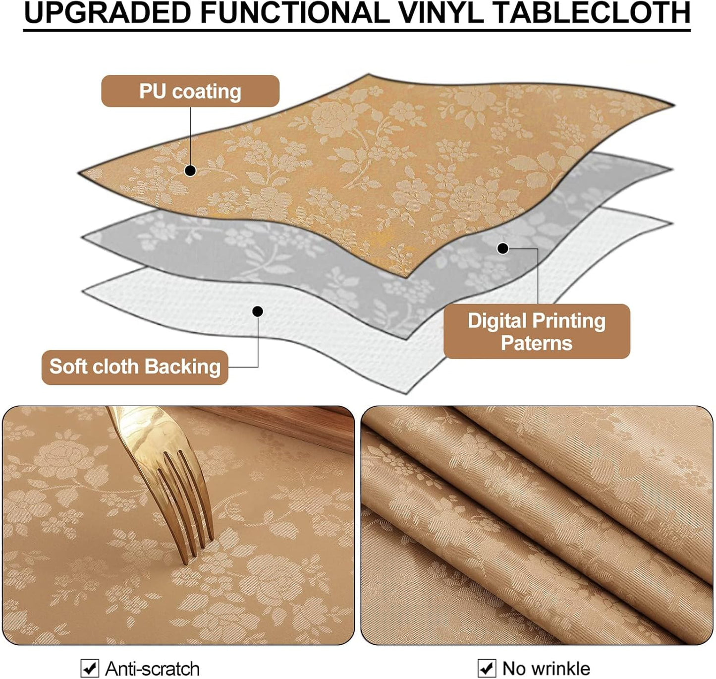 Smiry Rectangle Table Cloth, Waterproof Heavy Duty Vinyl Tablecloths, Wipeable Washable Table Cover for Kitchen and Dining Room (Brown, 54" X 108")