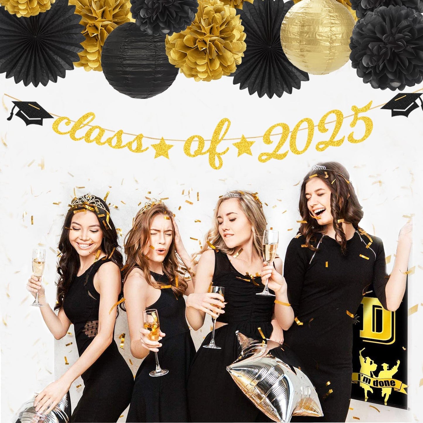 Black-Gold 2025 Class-Congratulations Graduation Party-Decorations - 22pcs High School College Grad Prom Supplies Decor, Tissue Pom Poms Streamers, Paper Flowers Lanterns Hugmoon
