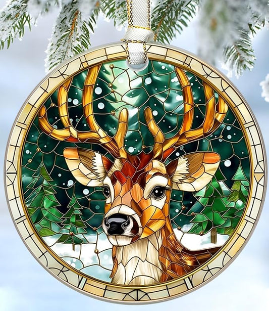 Deer Christmas Ornaments 2025, Stained Glass Christmas Tree Decorations, Exchange for Women, Men, Collectible Dated Year Ornaments for Tree - Glass Hanging Ornament