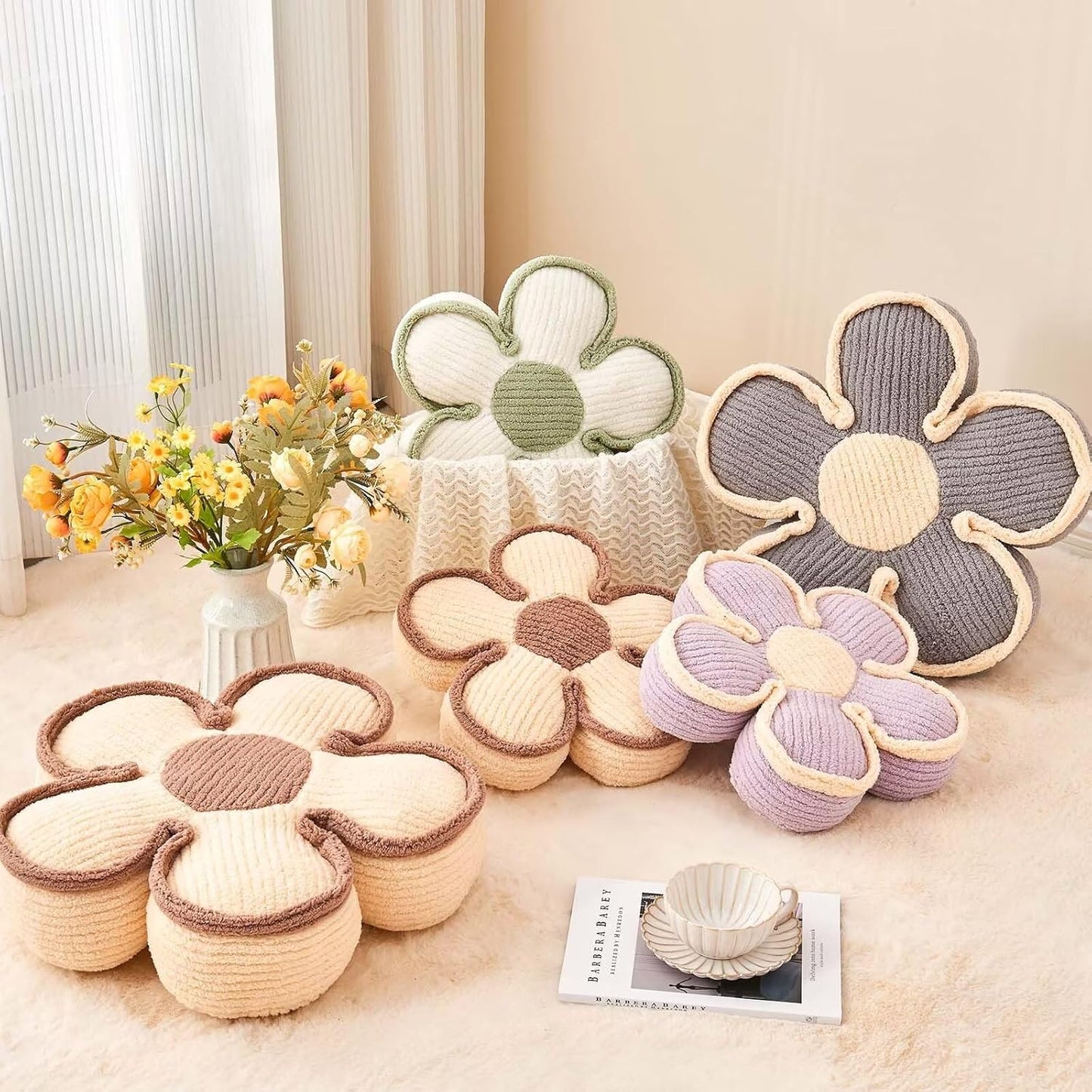 Flower Pillow - Soft Shaped Floor Cushion, Decorative Throw Pillow, Cute Seating Cushion, Room Decor Plush Pillows for Sofa Couch Bed (17.7 Inch, White)