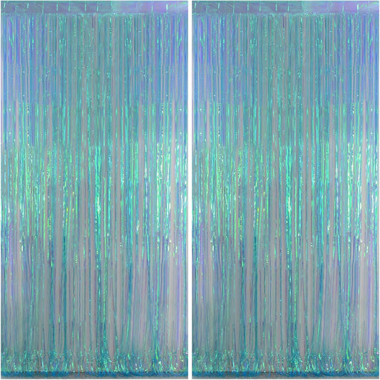 Melsan Fringe Backdrop Birthday Party Streamer Decorations - 2 Pack 3.2 x 6.5 ft Tinsel Backdrop Foil Curtains for Under The Sea Frozen Theme Birthdays Parties - Clear Blue 2 Packs