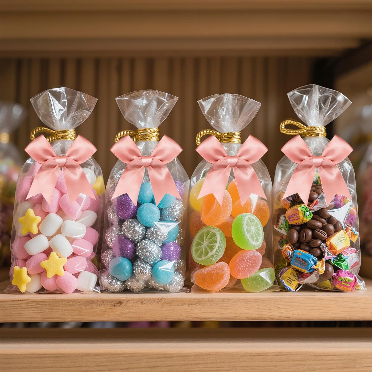 50 PCS Twist Tie Bows Satin Ribbon Bows 3.3 Inch Gift Wrap Bows Craft Bows for Gift Wrapping, Party Decorations Gifts Bag DIY Treat Bags Wedding Decor Baby Shower Christmas (Rose Pink)