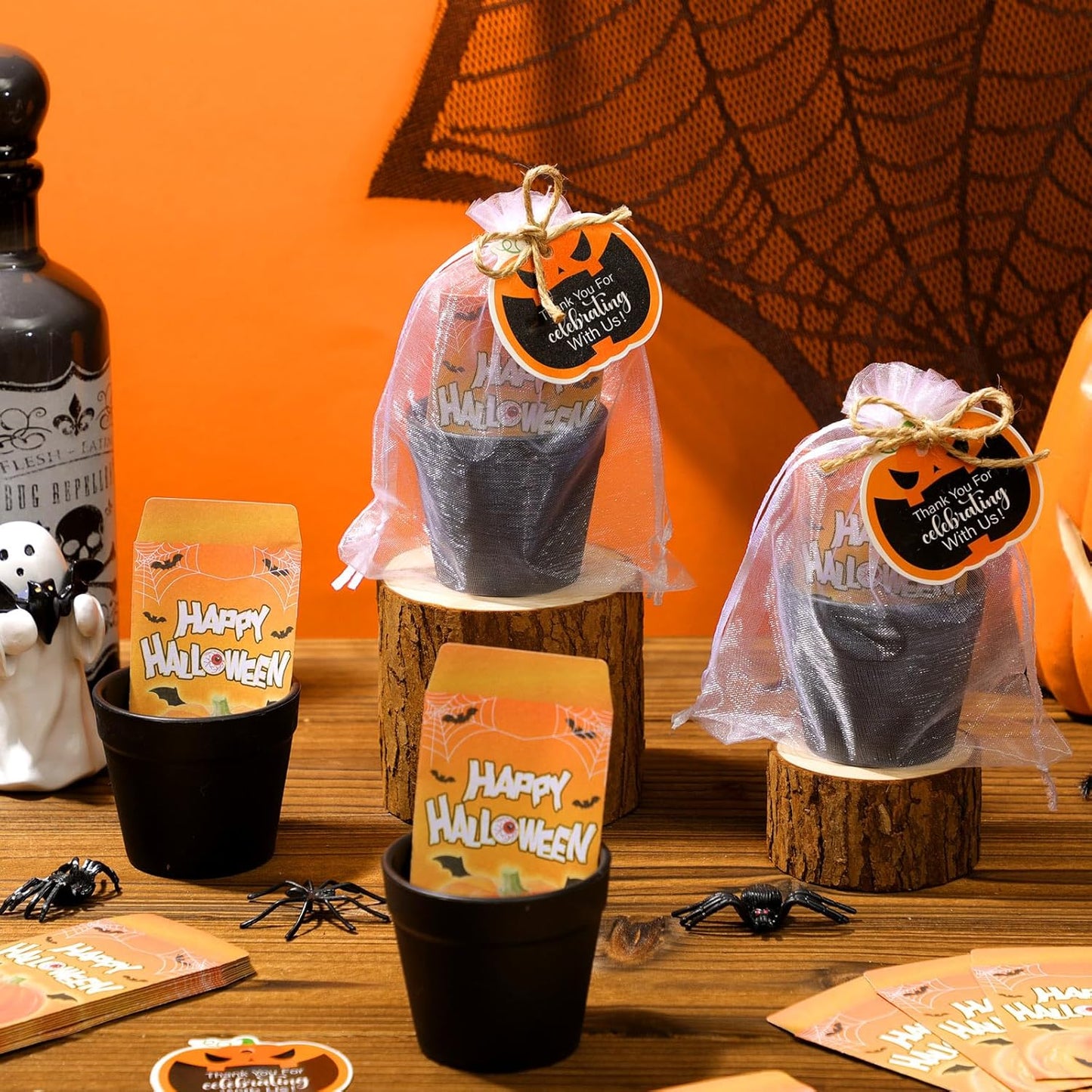 Ctosree 24 Sets Halloween Pumpkin Party Favors for Guests Pumpkin Seed Packet Favors Include Seed Bag Flowerpot Thank You Cards Hemp Ropes and Organza Gifts Bags for Happy Halloween Party Supplies