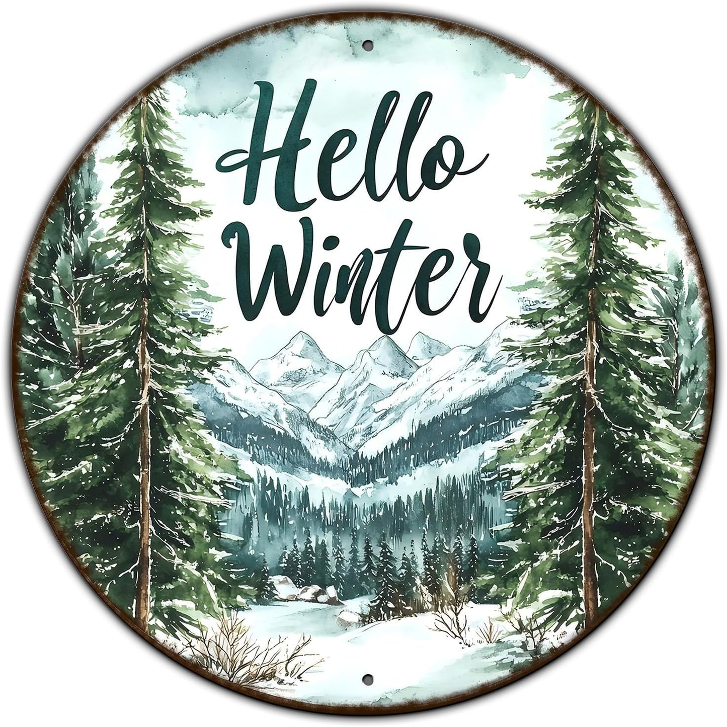 Round Christmas Metal Tin Sign Hello Winter Sign Christmas Pine Trees Welcome Door Sign Xmas Winter Holiday Farmhouse Rustic Wreath Sign for Indoor Outdoor Home Wall Window Decor 12*12 in