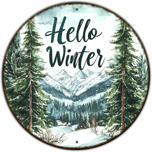 Round Christmas Metal Tin Sign Hello Winter Sign Christmas Pine Trees Welcome Door Sign Xmas Winter Holiday Farmhouse Rustic Wreath Sign for Indoor Outdoor Home Wall Window Decor 12*12 in