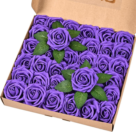 BLEUM CADE 36Pcs Artificial Flowers Fake Roses with Stems, Deep Purple Boxed Foam Roses for DIY Bouquets Centerpieces Wedding Party Arrangement Bridal Shower Decor