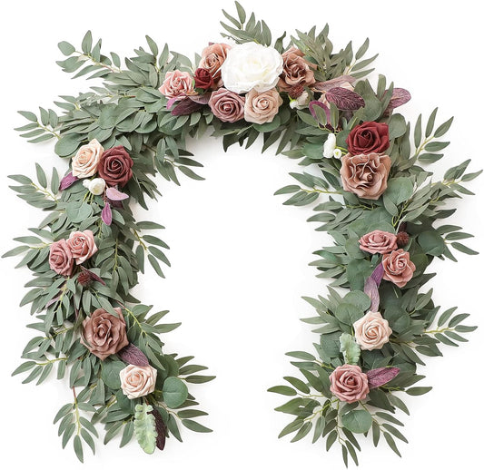Floroom 6ft Artificial Eucalyptus Garland with Flowers Fake Greenery Faux Floral Vine Garland for Table Decor Wedding Centerpieces Bridal Shower Party Decorations, Dusty Rose & Mauve