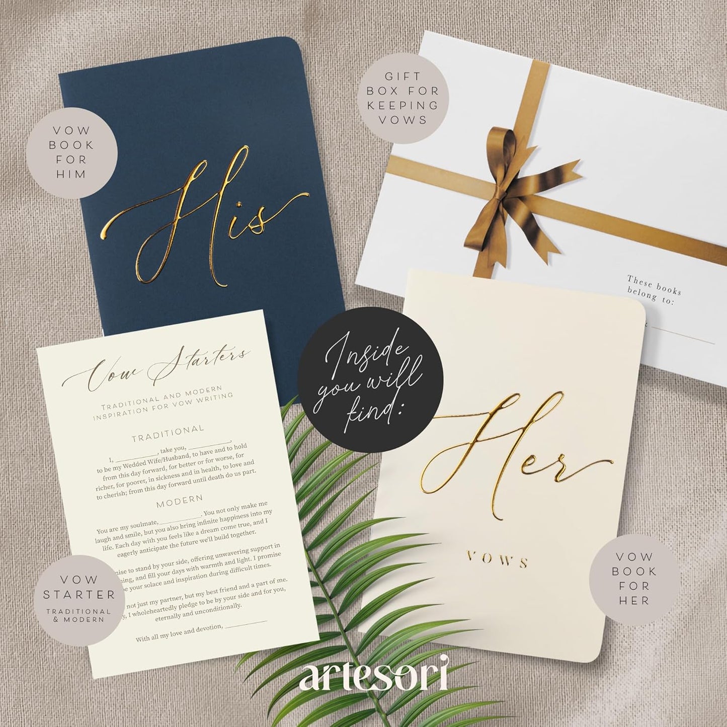 ARTESORI Premium Wedding Vow Book for Her & Him, Soft Touch, Gold Foil, 28 Lined Pages, Wedding Vow Books His and Hers, Wedding Essentials, Wedding Registry Ideas, His and Hers Gifts [Ivory & Navy]