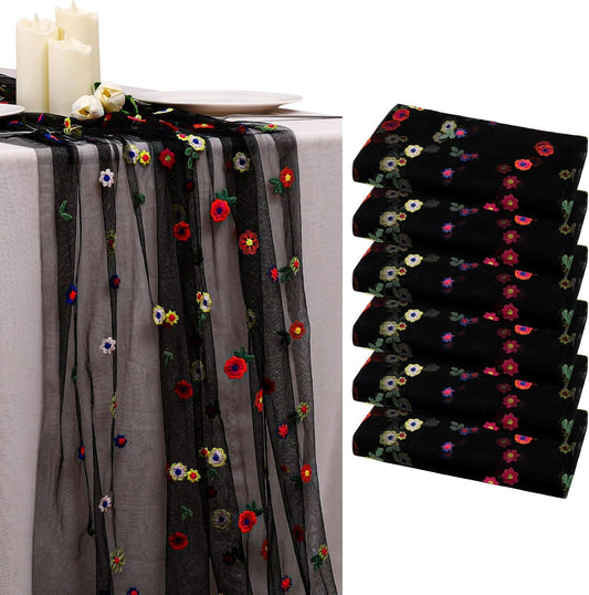 BINBE 6pcs Black Daisy Fall Table Runner Embroidery Gauze 10FT Florals Seasonal Tulle Holiday Birthday Kitchen Dining Table Decor for Home Party