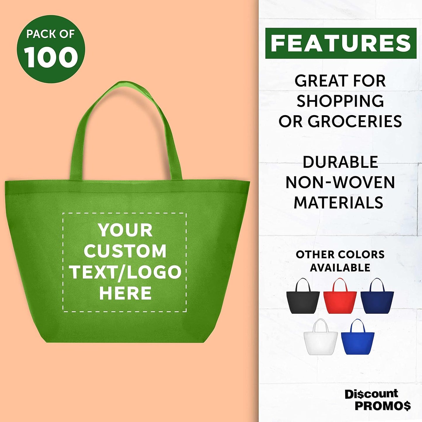 DISCOUNT PROMOS Custom Southern Style Grocery Tote Bags Set of 100 - Personalized Bulk Pack, Reusable Grocery & Shopping Bags - For Travel, Business Promotions - Lime Green - 20"X13"X8"