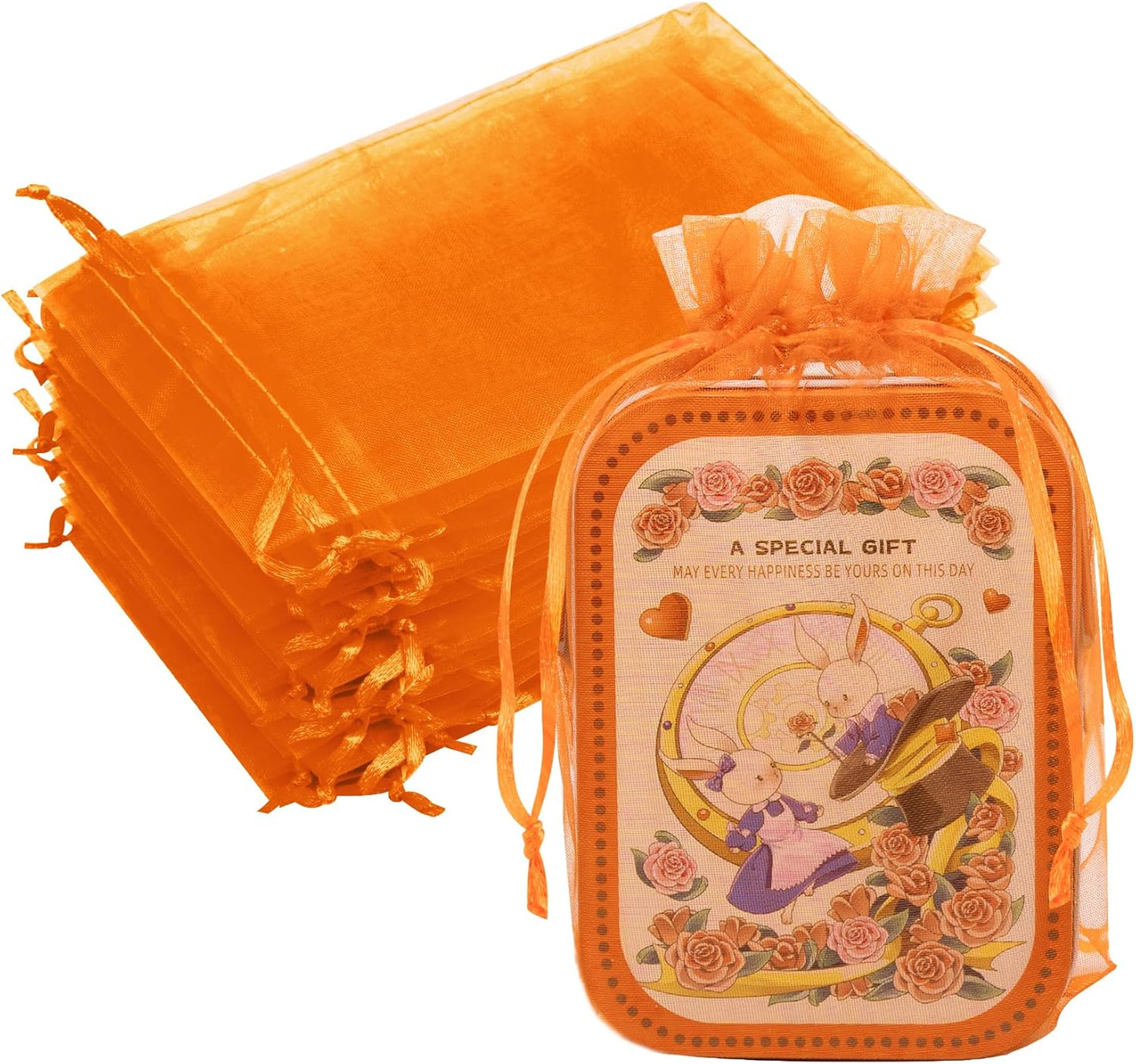 50 Pack Orange Organza Bags 6x9 Inch, Mesh Bag Drawstring for Candy Party Favor, Mesh Gift Bag for Halloween Treat