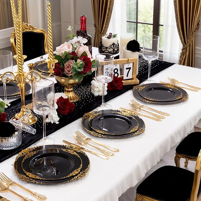 125PCS Black and Gold Plastic Plates - Black Disposable Dinnerware Set - Vintage Plastic Plates with Gold Silverware for 25 Guests for Wedding Party